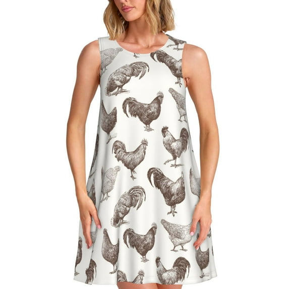 Yiaed Chickens Print Women's Sleeveless Dress, Loose Fit Summer Dress, Casual Sleeveless Dress for Women