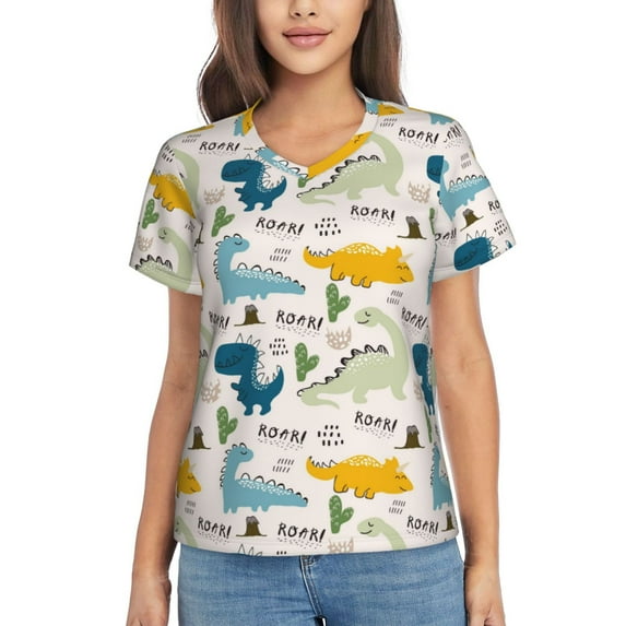 Yiaed Childish Dinosaur Print Women's T Shirt V-Neck Short Sleeve Shirt Casual Breathable Tee Summer Tops-3X-Large