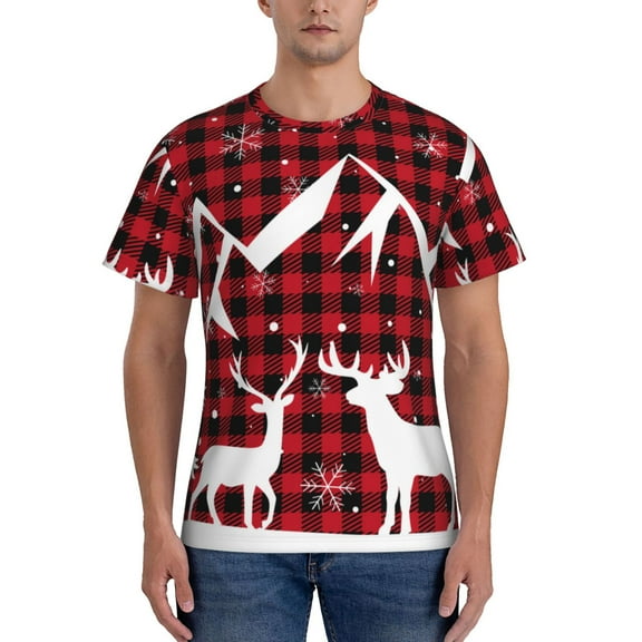 Yiaed Christmas Buffalo Plaid Print Mens Short Sleeve Tight Fit T-Shirt, Crewneck Casual Tee-Small