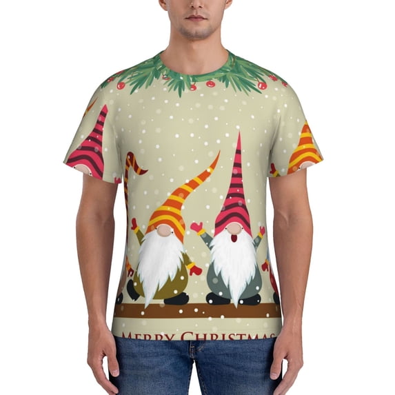 Yiaed Christmas Card With Gnomes Print Mens Short Sleeve Tight Fit T-Shirt, Crewneck Casual Tee-Small