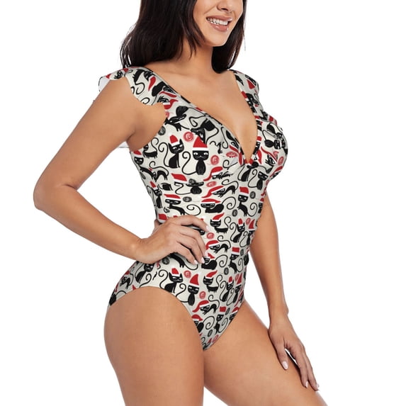 Yiaed Christmas Cat Print Women's Ruffled One Piece Swimsuit V Neck Swimwear Slimming Monokini for Woman-Small