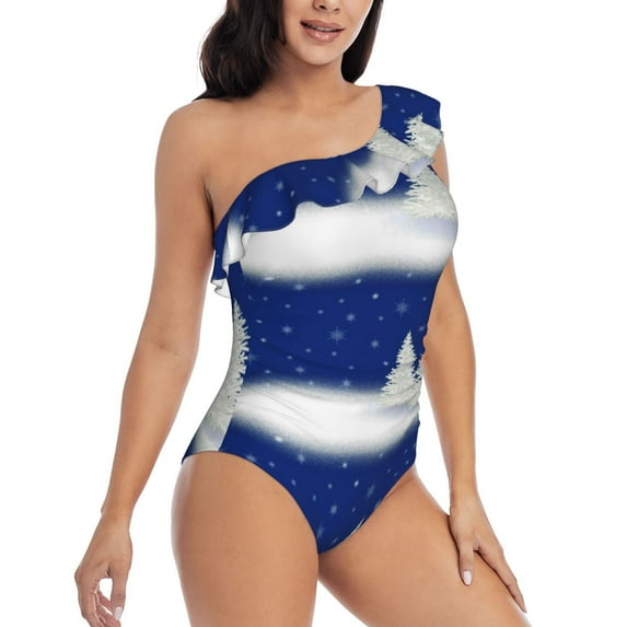 Yiaed Christmas Fir Tree Print Women One Piece Swimsuits Tummy Control One Shoulder Bathing Suits Pattern Ruffle Swimwear-Medium