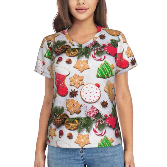 Yiaed Christmas Gingerbread Cookies Print Women's T Shirt V-Neck Short Sleeve Shirt Casual Breathable Tee Summer Tops-Medium