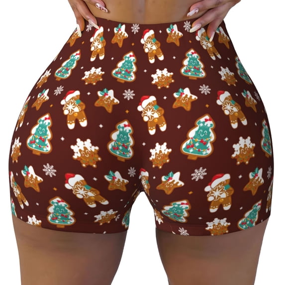 Yiaed Christmas Gingerbread Print Women's Athletic Shorts Running Shorts Sporty Short High Waisted Elastic Workout Shorts for Yoga Gym Running & Sports -X-Large