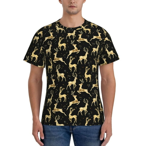 Yiaed Christmas Gold Deers Print Mens Short Sleeve Tight Fit T-Shirt, Crewneck Casual Tee-Medium