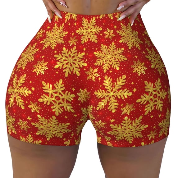 Yiaed Christmas With Gold Snowflakes Print Women's Athletic Shorts Running Shorts Sporty Short High Waisted Elastic Workout Shorts for Yoga Gym Running & Sports -Small