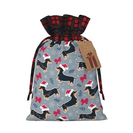 Yiaed Christmas Hat Dachshund Print Christmas Small Burlap Bags with Drawstring, Burlap Gift Bags Christmas Linen Treat Sacks Gift Wrapping Bags Xmas Holiday Party-Black