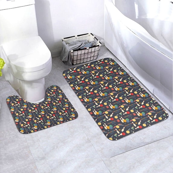 Yiaed Christmas Holiday Bowling Print Bathroom Mat Set 2 Pieces Mat Anti-Skid Pad Ultra Soft and Absorbent Bathroom Bath Mat Contour Bath Rugs for Toilet Base