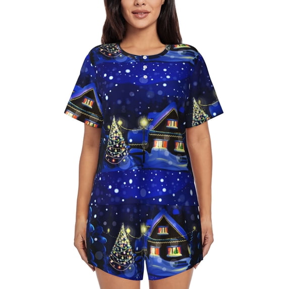 Yiaed Christmas Night Print Short Sleeve Pajama Sets for Women Casual Crew Neck 2 Piece Lounge Sets Women's Short-Sleeved Pajama-Large
