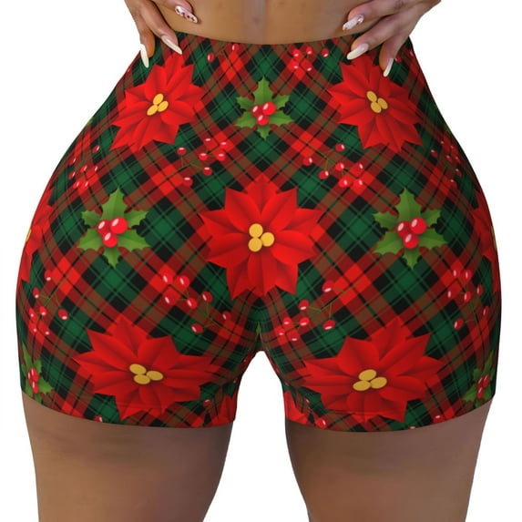 Yiaed Christmas Plaid Flower Print Women's Athletic Shorts Running Shorts Sporty Short High Waisted Elastic Workout Shorts for Yoga Gym Running & Sports -Large