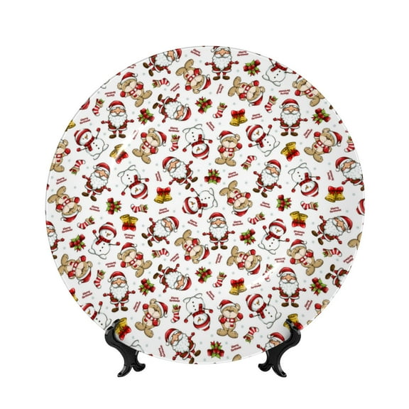 Yiaed Christmas Santa Cartoon Snowman Print Bone China Decorative Plate Ceramic Dinner Plates Art Crafts with Display Stand-6in