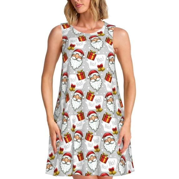 Yiaed Christmas Santa Claus Print Women's Sleeveless Dress, Loose Fit Summer Dress, Casual Sleeveless Dress for Women