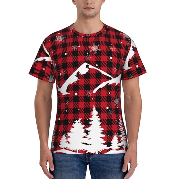 Yiaed Christmas Tree Buffalo Plaid Print Mens Short Sleeve Tight Fit T-Shirt, Crewneck Casual Tee-Small
