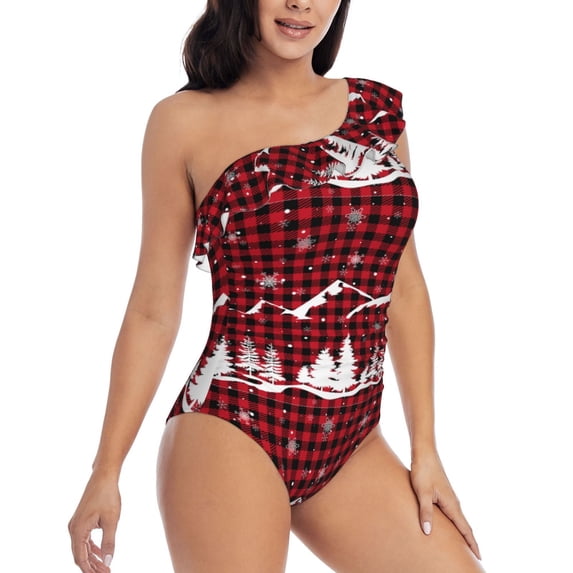 Yiaed Christmas Tree Buffalo Plaid Print Women One Piece Swimsuits Tummy Control One Shoulder Bathing Suits Pattern Ruffle Swimwear-Small