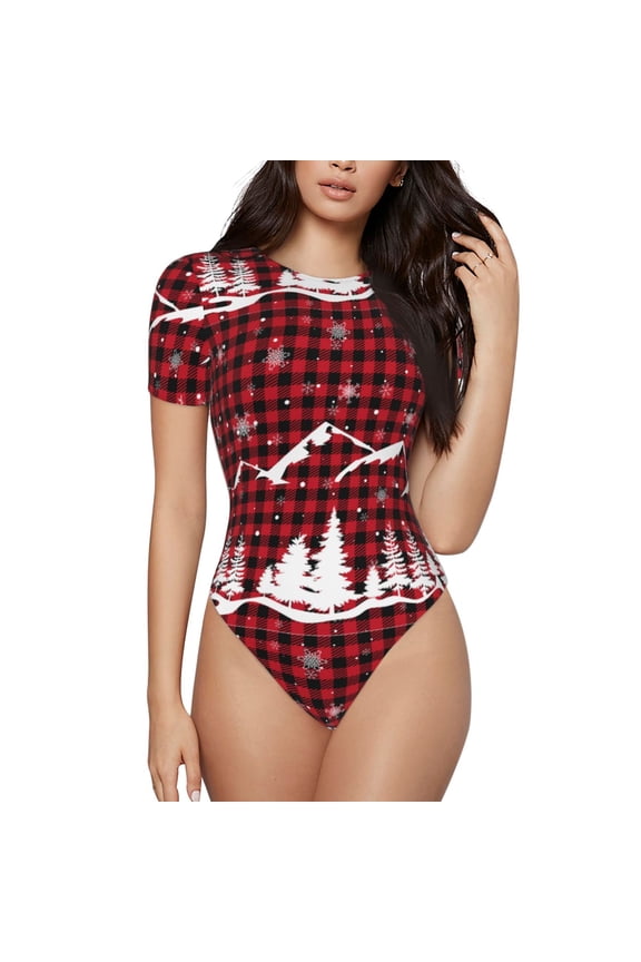 Christmas Tree Buffalo Plaid Print Women's Waist-Cinching Short-Sleeved Onesie,Elastic Onesiet,Snaps At Bottom,Easy To Put On And Take Off for Wome Bodysuit -X-Large