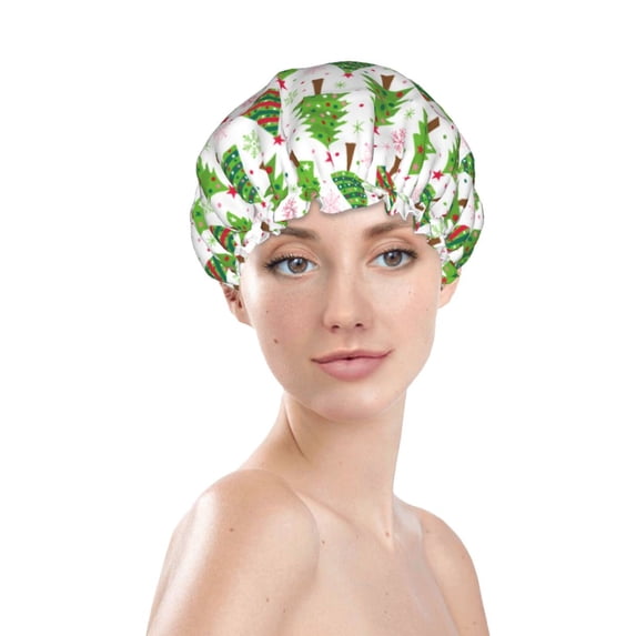 Yiaed Christmas Trees Print Reusable Shower Cap & Bath Cap & Lined, Oversized Waterproof Shower Caps Designed for all Hair Lengths