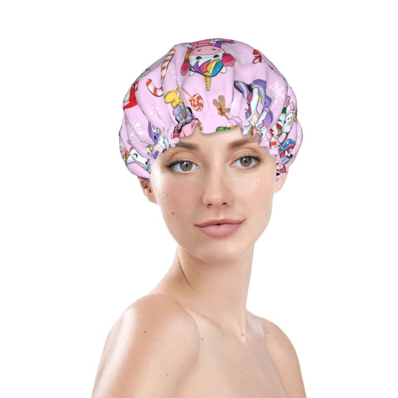 Yiaed Christmas Unicorns Print Reusable Shower Cap & Bath Cap & Lined, Oversized Waterproof Shower Caps Designed for all Hair Lengths