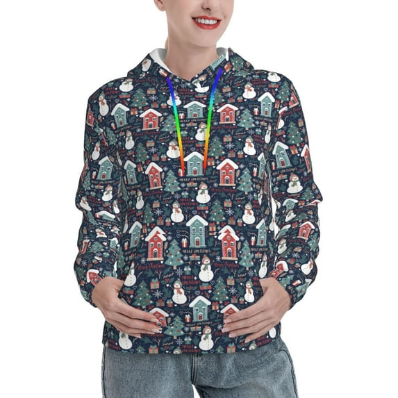 Yiaed Christmas Village Print Womens Casual Hoodies Crew Neck Long Sleeve Sweatshirts With Pocket Pullover Tops Women's Hooded Sweatshirt-Large