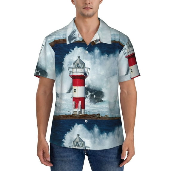 Yiaed Circular Lighthouse Print Hawaiian Shirt for Men Short Sleeve Button Down Shirts Beach Shirts for Men-Medium