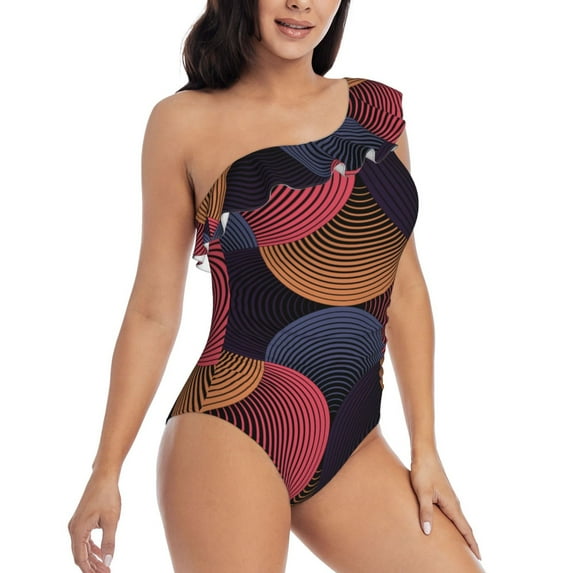Yiaed Circular Stripes Print Women One Piece Swimsuits Tummy Control One Shoulder Bathing Suits Pattern Ruffle Swimwear-Small