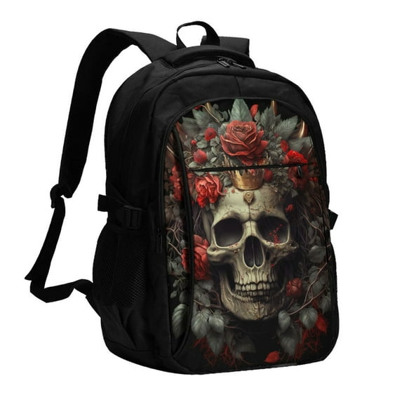 Yiaed Classical Rose Crown Skull Print Laptop Backpack,Business Travel Durable Laptops Backpack with USB Charging Port,Water Resistant College Computer Bag