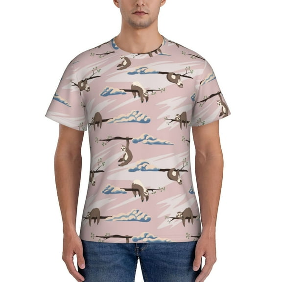Yiaed Cloud Sloth Print Mens Short Sleeve Tight Fit T-Shirt, Crewneck Casual Tee-X-Large