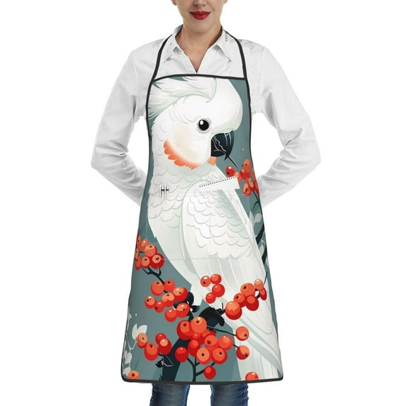 Yiaed Cockatoo Red Berries Print Kitchen Apron with Hand Wipe Pockets,Big Pocket,Aprons for Women with Pockets, Waterproof for Cooking Baking