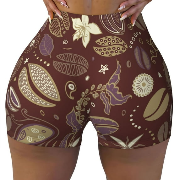 Yiaed Coffee and Flowers Print Women's Athletic Shorts Running Shorts Sporty Short High Waisted Elastic Workout Shorts for Yoga Gym Running & Sports -X-Large