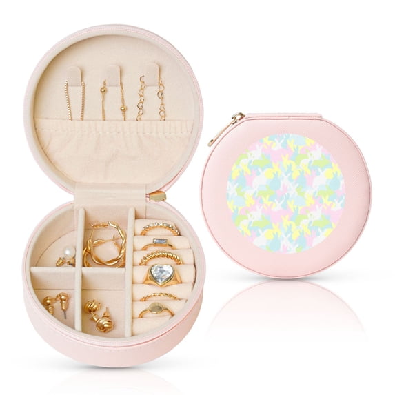 Yiaed Color Rabbit Print Travel Jewelry Case Bridesmaid Gift Boxes Jewelry Travel Organizer Small Round Jewelry Box Mini Storage-Pink