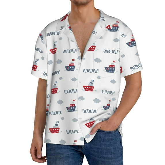 Yiaed Colored Sail Boats Print Mens Casual Wrinkle Free Shirts Short Sleeve Button Down Summer Stretch Dress Shirt-XX-Large