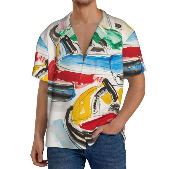 Yiaed Colorful Abstract Bumper Cars Print Mens Casual Wrinkle Free Shirts Short Sleeve Button Down Summer Stretch Dress Shirt-XX-Large