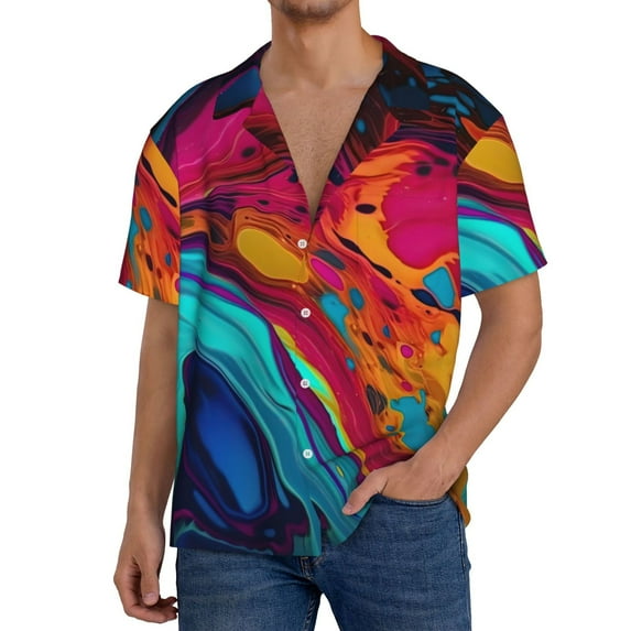 Yiaed Colorful Abstract Swirls Print Mens Casual Wrinkle Free Shirts Short Sleeve Button Down Summer Stretch Dress Shirt-Large