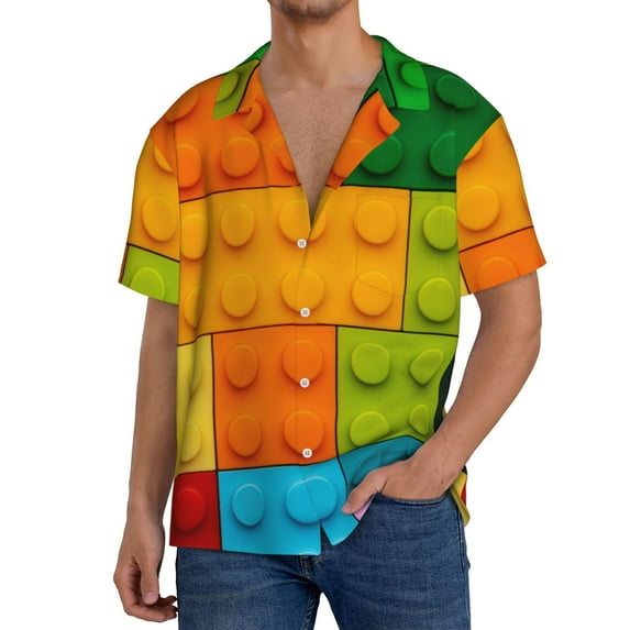 Yiaed Colorful Building Blocks Print Mens Casual Wrinkle Free Shirts Short Sleeve Button Down Summer Stretch Dress Shirt-Large