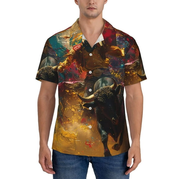 Yiaed Colorful Bull Western Man Print Hawaiian Shirt for Men Short Sleeve Button Down Shirts Beach Shirts for Men-Large