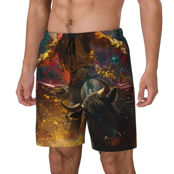 Yiaed Colorful Bull Western Man Print Mens Swim Trunks Bathing Suit Compression Liner Beach Swim Shorts Swimwear Quick Dry Zipper Pocket No-Chafing Board Short-Large