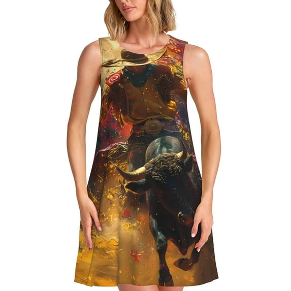 Yiaed Colorful Bull Western Man Print Women's Sleeveless Dress, Loose Fit Summer Dress, Casual Sleeveless Dress for Women