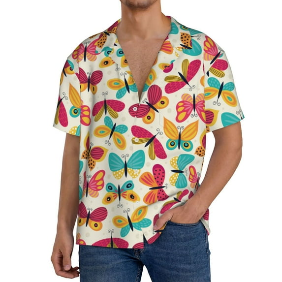 Yiaed Colorful Butterflies Print Mens Casual Wrinkle Free Shirts Short Sleeve Button Down Summer Stretch Dress Shirt-X-Large