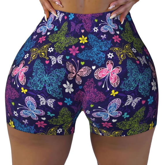 Yiaed Colorful Butterflies Print Women's Athletic Shorts Running Shorts Sporty Short High Waisted Elastic Workout Shorts for Yoga Gym Running & Sports -Small