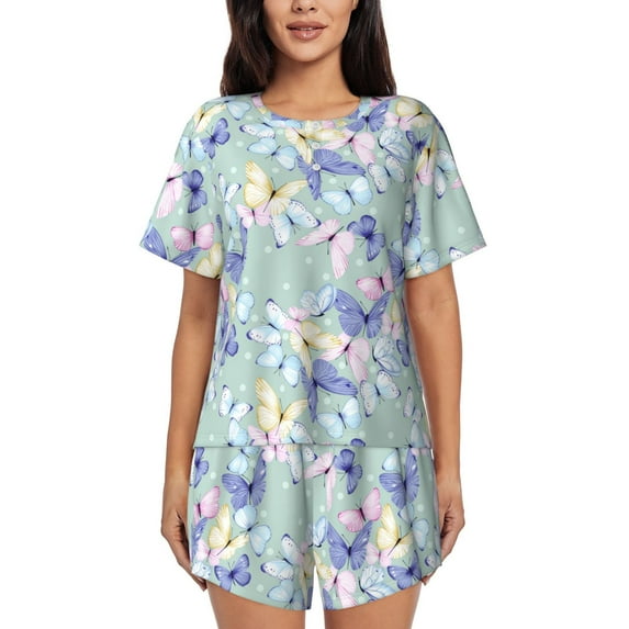 Yiaed Colorful Butterfly Print Short Sleeve Pajama Sets for Women Casual Crew Neck 2 Piece Lounge Sets Women's Short-Sleeved Pajama-Small