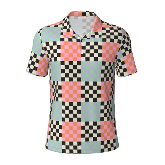 Yiaed Colorful CheckeredPrint Men's Short Sleeve Polo Shirt,Golf Polo for Men Three-Button Golf Shirt Athletic Casual Collared T-Shirt- Medium