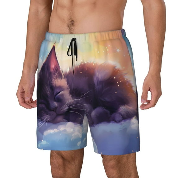 Yiaed Colorful Cloud Sleeping Cat Print Mens Swim Trunks Bathing Suit Compression Liner Beach Swim Shorts Swimwear Quick Dry Zipper Pocket No-Chafing Board Short-Medium