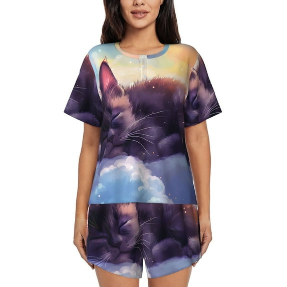 Yiaed Colorful Cloud Sleeping Cat Print Short Sleeve Pajama Sets for Women Casual Crew Neck 2 Piece Lounge Sets Women's Short-Sleeved Pajama-3X-Large