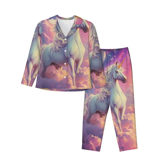 Yiaed Colorful Cloud White Horse Print Pajamas Women's Long Sleeve Sleepwear Soft Button Down Loungewear Pjs Lounge Set Nightwear Womens Pajama Pants-Large