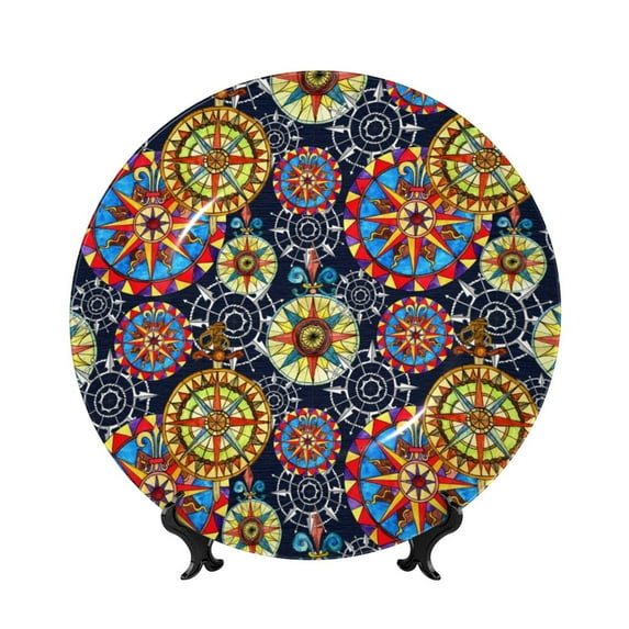 Yiaed Colorful Compasses Print Bone China Decorative Plate Ceramic Dinner Plates Art Crafts with Display Stand-6in