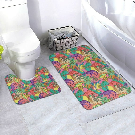 Yiaed Colorful Dinosaur Print Bathroom Mat Set 2 Pieces Mat Anti-Skid Pad Ultra Soft and Absorbent Bathroom Bath Mat Contour Bath Rugs for Toilet Base