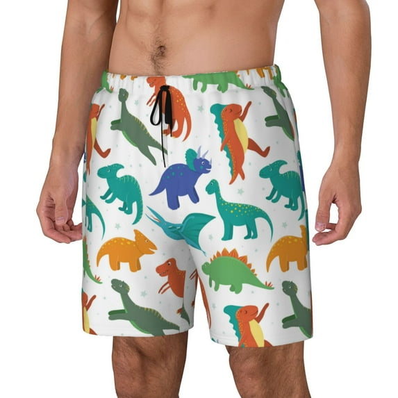 Yiaed Colorful Dinosaur Print Mens Swim Trunks Bathing Suit Compression Liner Beach Swim Shorts Swimwear Quick Dry Zipper Pocket No-Chafing Board Short-Large
