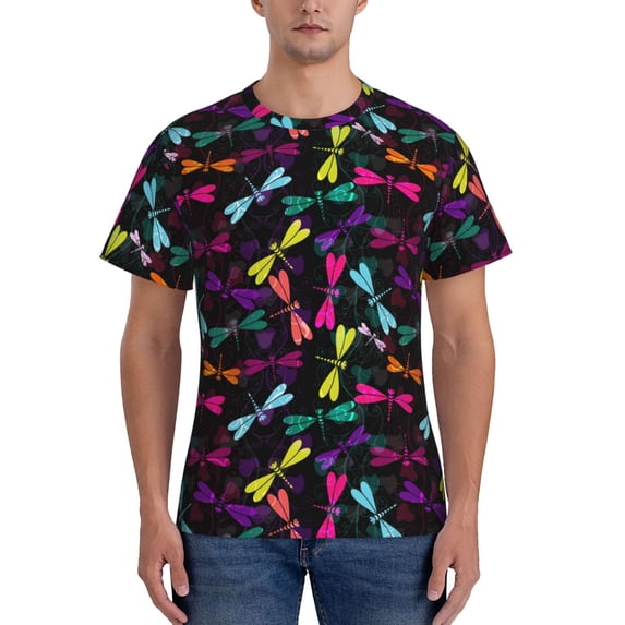 Yiaed Colorful Dragonflies Print Mens Short Sleeve Tight Fit T-Shirt, Crewneck Casual Tee-3X-Large