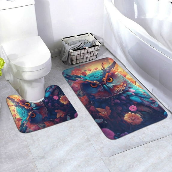 Yiaed Colorful Feather Owl Print Bathroom Mat Set 2 Pieces Mat Anti-Skid Pad Ultra Soft and Absorbent Bathroom Bath Mat Contour Bath Rugs for Toilet Base