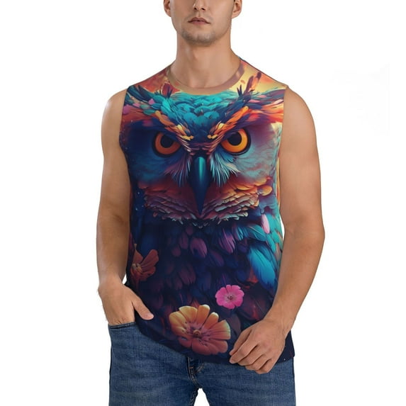 Yiaed Colorful Feather Owl Print Men's Singlet Vests Summer Running Muscle Tank Tops Gym Undershirt Round Neck Sleeveless for man