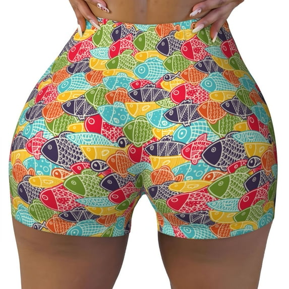 Yiaed Colorful Fish 2 Print Women's Athletic Shorts Running Shorts Sporty Short High Waisted Elastic Workout Shorts for Yoga Gym Running & Sports -Small